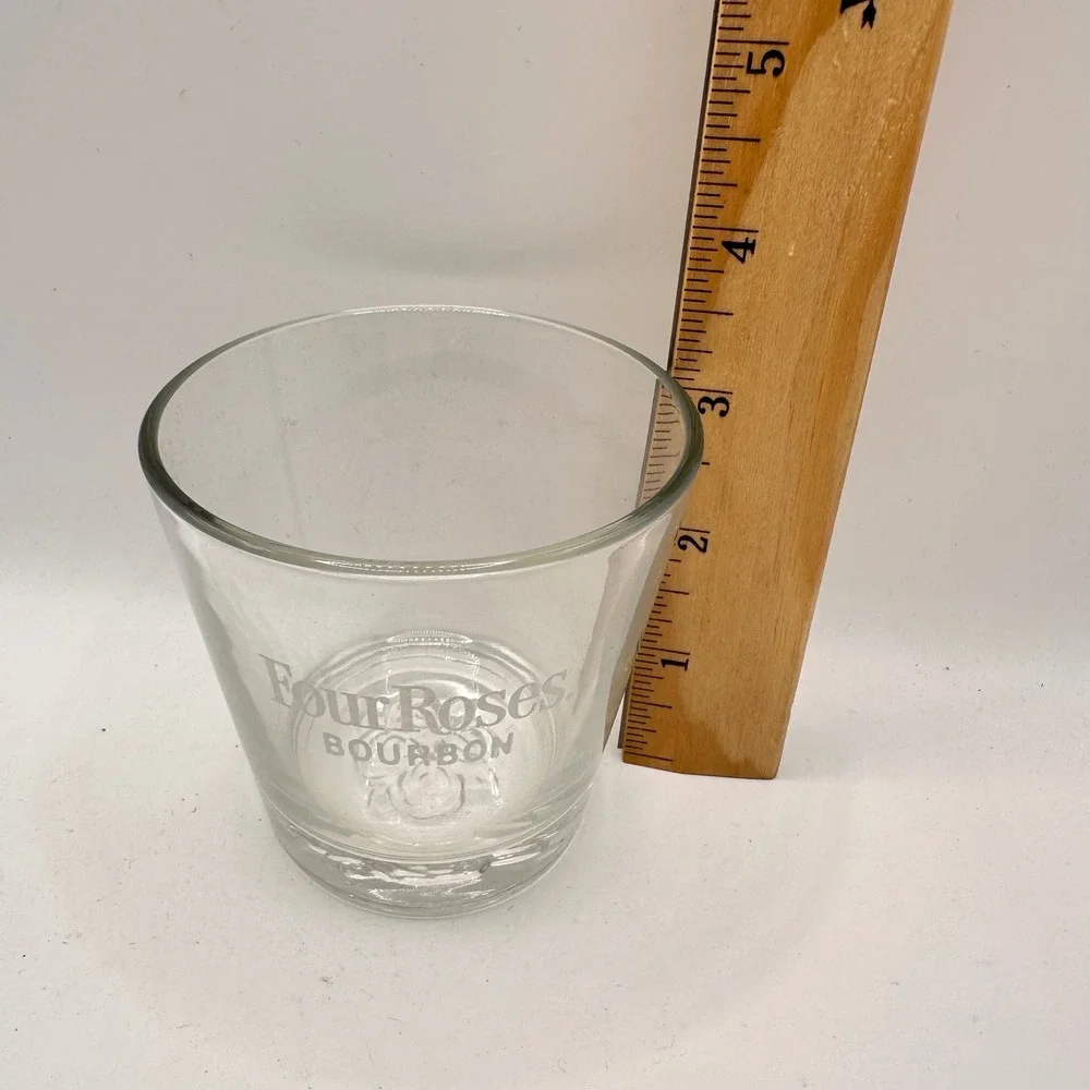 VTG Four Roses Bourbon Rocks Glass Clear Etched Logo Embossed Rose Base Barware